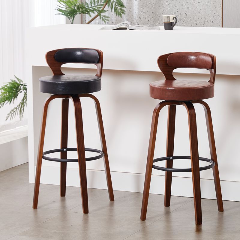Casual Rawhide Bar Stools in Midnight Black/Scarlet/Navy Blue with Back, Turned Swivel, Round Top, and Leg Rest