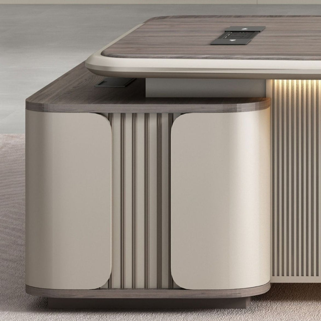 Moisture Resistant Desk with 4 Drawers and Cabinet, Featuring Dual Footing, 1 Exterior Shelf, Cable Management, Front Splash, and Cooling Hole