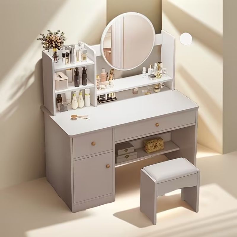 Standard Vanity Set with Grey/White Seating, 1 Drawer, Composite Wood Frame, Standing Mirror, Seat, and Door