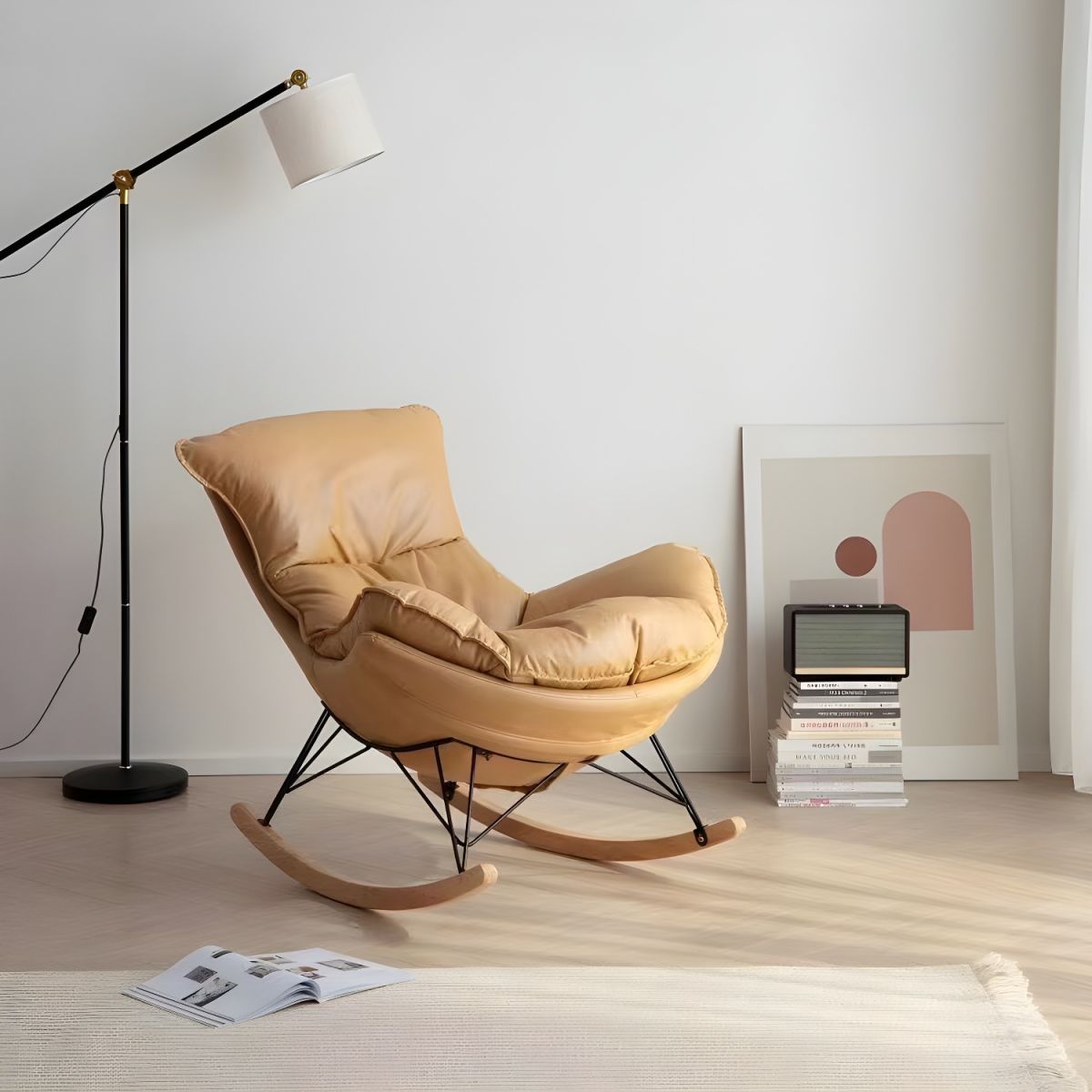Modern Plain Rocking Chair Faux Leather Water Resistant Chair with Ottoman