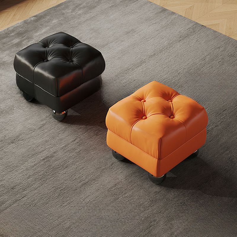 Modish Square Solid Color Standard Ottoman in Genuine Leather with Grey/Green/Citrus Color and Button-tufted Design
