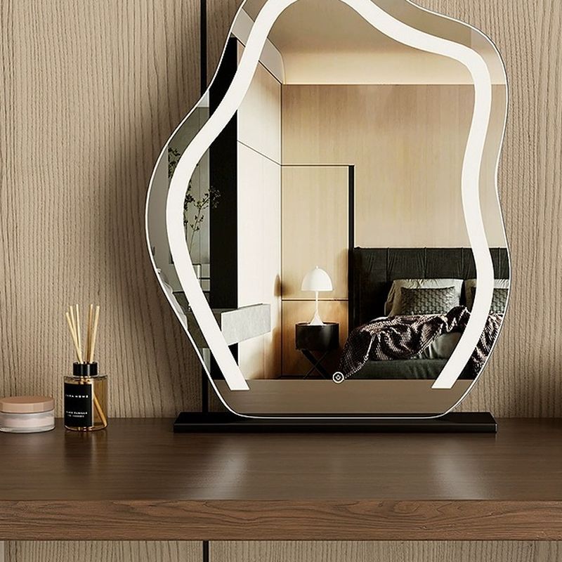 Modish Large Vanity Set with Reclaimed Wood Table Top, White Chair, Light Up Mirror, and 6 Drawers