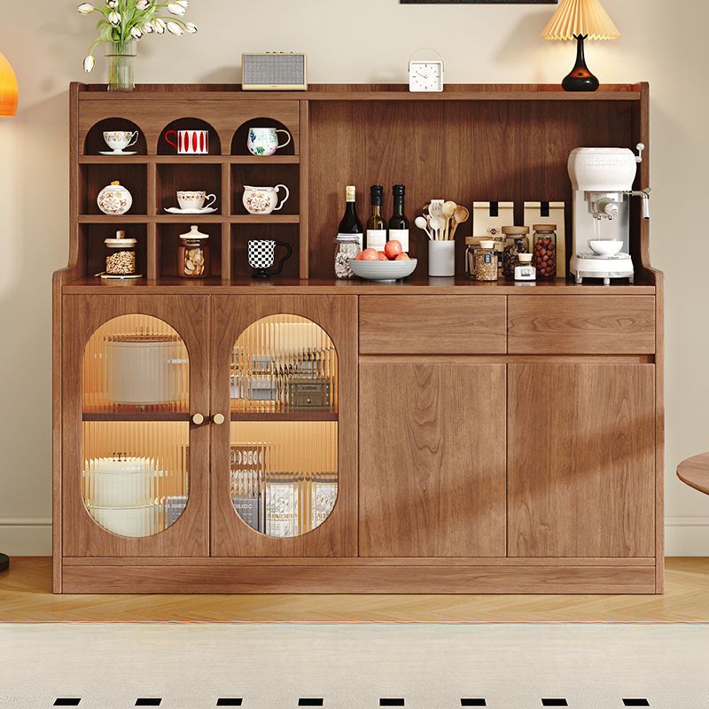 Espresso Art Deco Sideboard with Closet, 3 Shelves, Pantry Hutch, Lumber Countertop, and Glass Doors