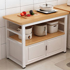 Modish Rectangle Kitchen Island with Exterior Shelving, Manufactured Wood Countertop, Open Storage, Double Sided Cabinet in Natural