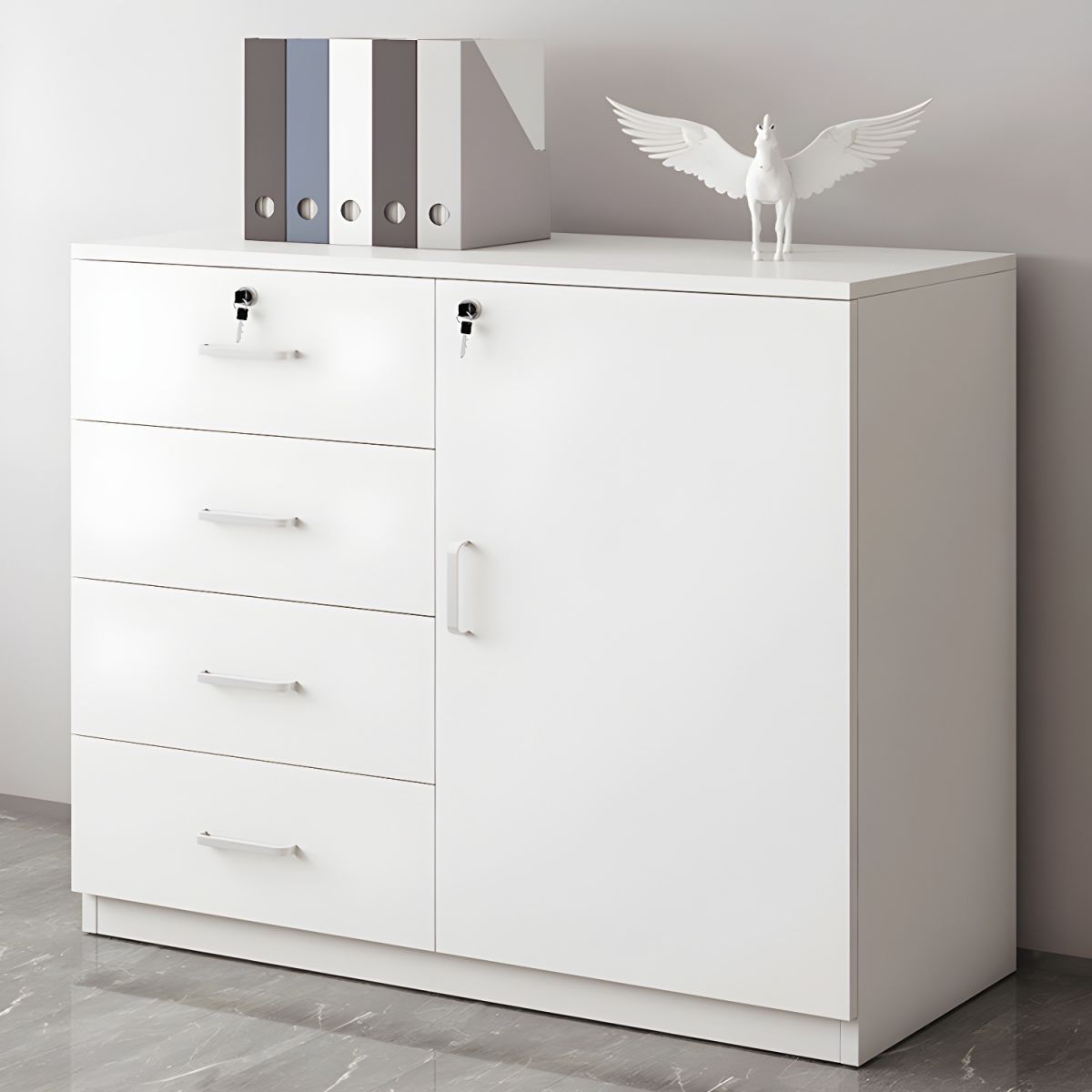 Modern Cabinet Wood Lateral Adjustable Storage Shelves and Locking Drawers File Cabinet