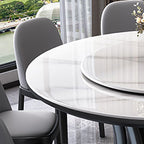 Scratch-proofed White Orbicular Turntable Marble Effect Dining Table with Natural Wood Single Pedestal Base for 10 People/4-seater/6-person Seating