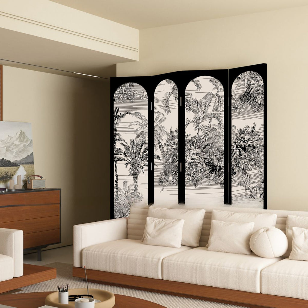 Matte Black Opaque Fold-up Screen Divider with Natural Wood Frame, 3/5/4 Panels, Double Sided Print, and Independent Design