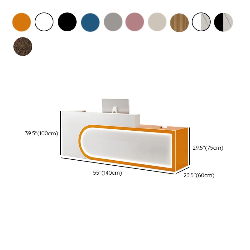 Rectangular Beige/Orange/Pink Manufactured Wood Top Reception Desk with Hutch, Keyboard Tray and Cable Management