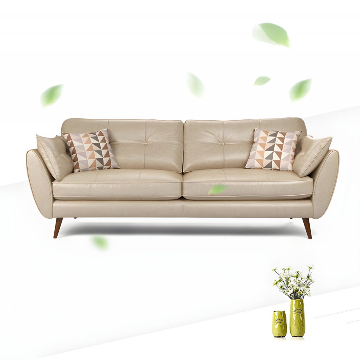 Wood Legs Modern Flared Arm Sofa Leather Standard Tufted Sofa