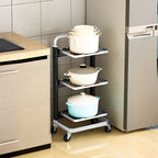 Modish Rectangle Portable Center with Wheels, Metal Countertop, Adjustable Shelves, and Silver Open Storage