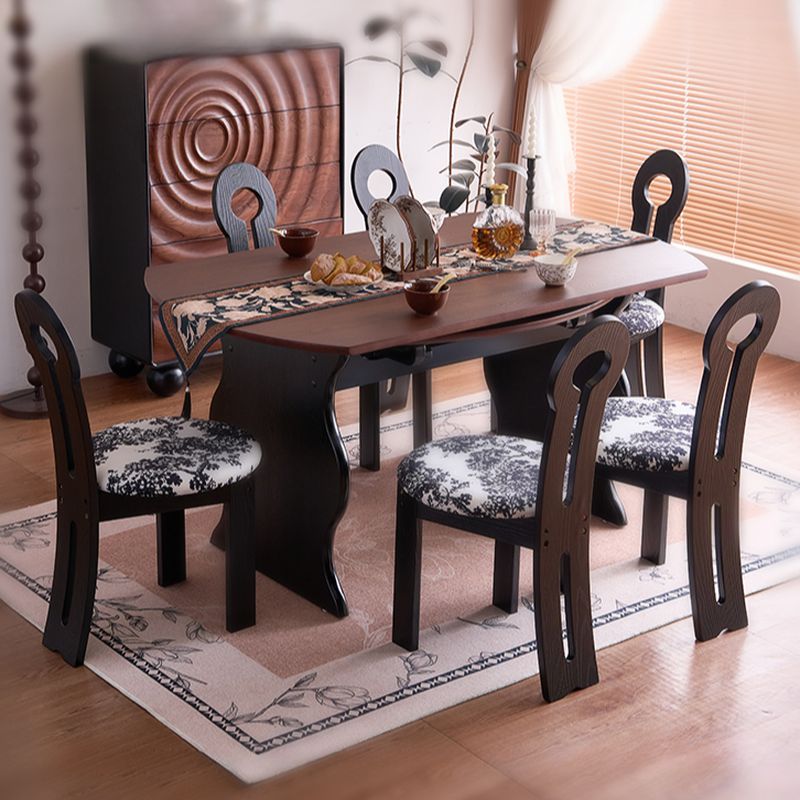 Solid Wood Table in Modish Style with Midnight Black Double Pedestal, Fold-in Leaf, 8-seater/4-seater, Scratch-proofed, Solid Wood Tabletop