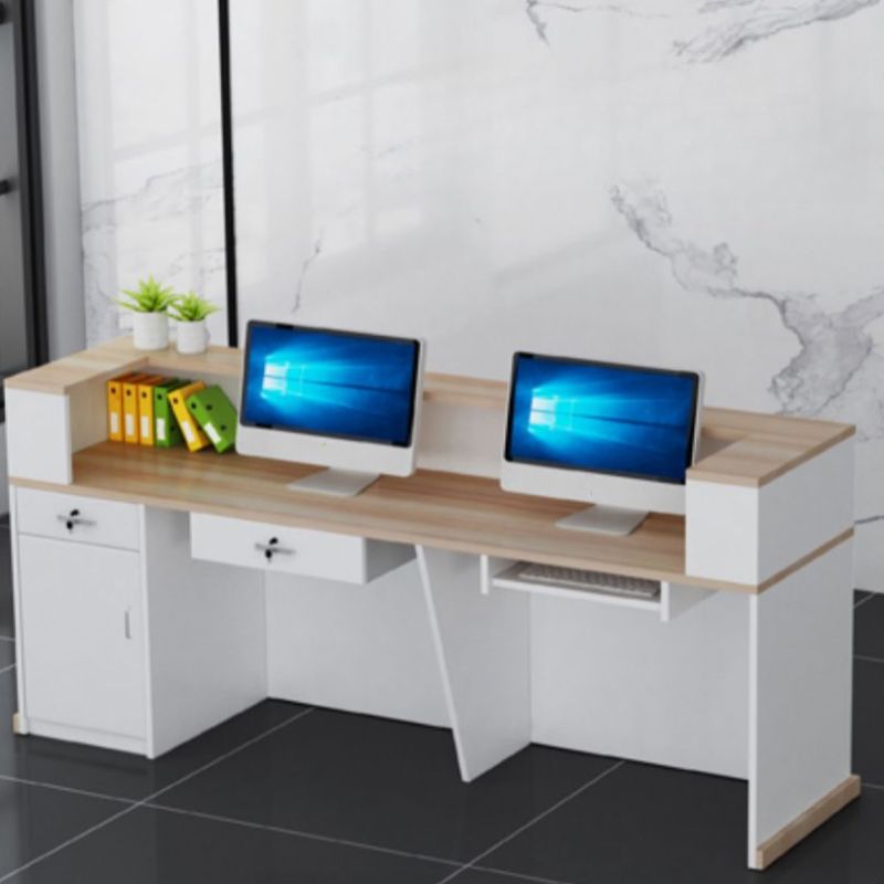 Reception Desk Rectangle with Cabinet Hutch Keyboard Tray Filing Cabinet and 2 Drawer Pedestals in Natural Finish