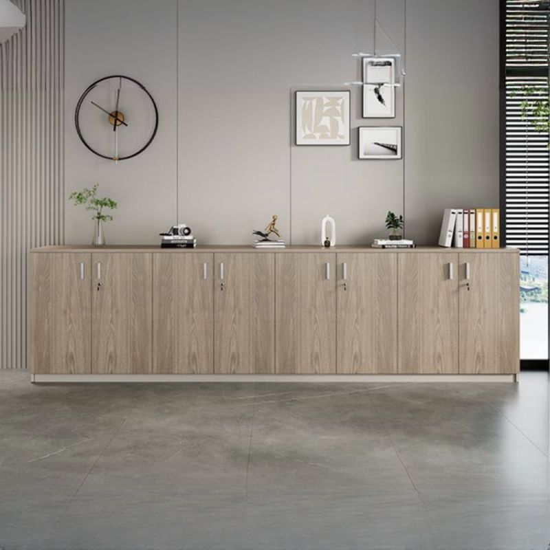 Caramel Trendy Manufactured Wood Supplies Cabinet with Shelves, Locker, Locking Door, and 2-Wide/5-Wide/4-Wide Compartments
