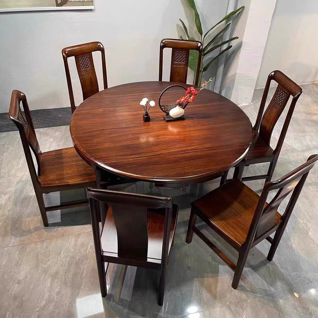 Modish Solid Wood Dining Table in Sepia with Hiding Leaf Legs for Seats 4