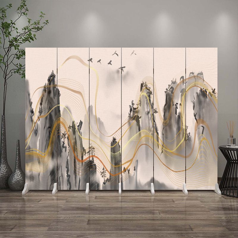 Indoor Opaque Collapsible Room Screen with Pine Wood Frame, 6 Panels, Double Sided Print, and Freestanding Feature