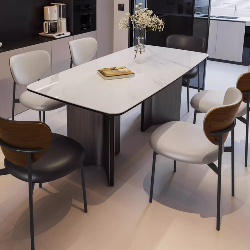 Simplistic Rectangular Dining Table with White Slate Top and Fixed Table