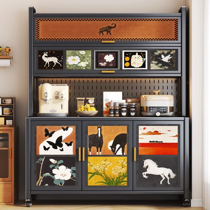 Minimalist Narrow Sideboard with Swivel Wheels, Steel Countertop, Adjustable Shelving, and 4 Doors/3 Doors
