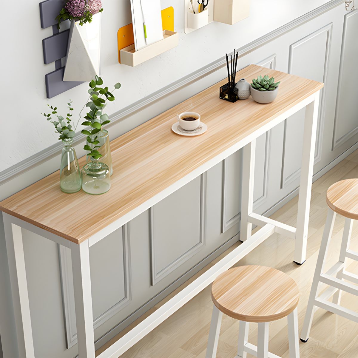 Rectangle Bar Table Set 1/4 Pieces Natural Colour Wood Counter Table
