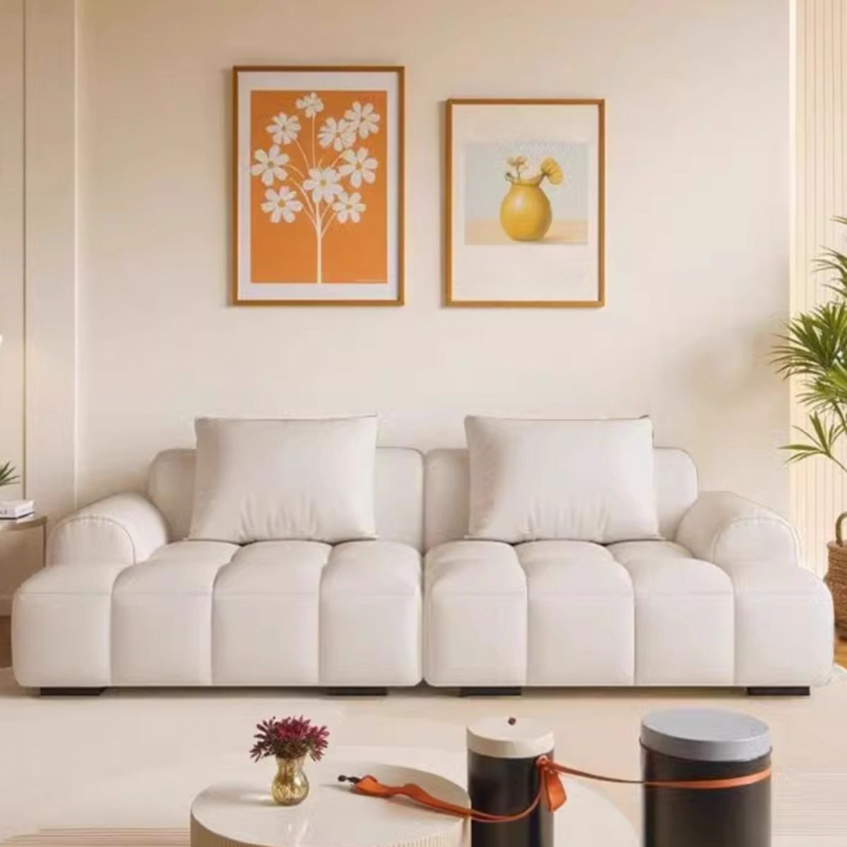 Trendy Beige Solid Color Floor Sofa/Loveseat/Single Sofa 6-Seater /4-seater/Seats 3 with Arm & 2 Pillows, Stain Resistant