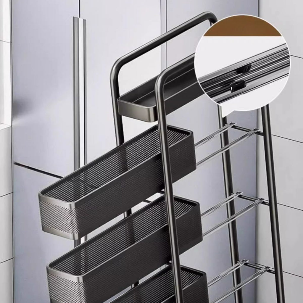 Portable Center with Wheels, Drawer, 4/3/2 Drawers, Exterior Shelving, Metal Countertop, Open Storage, Black/White Top