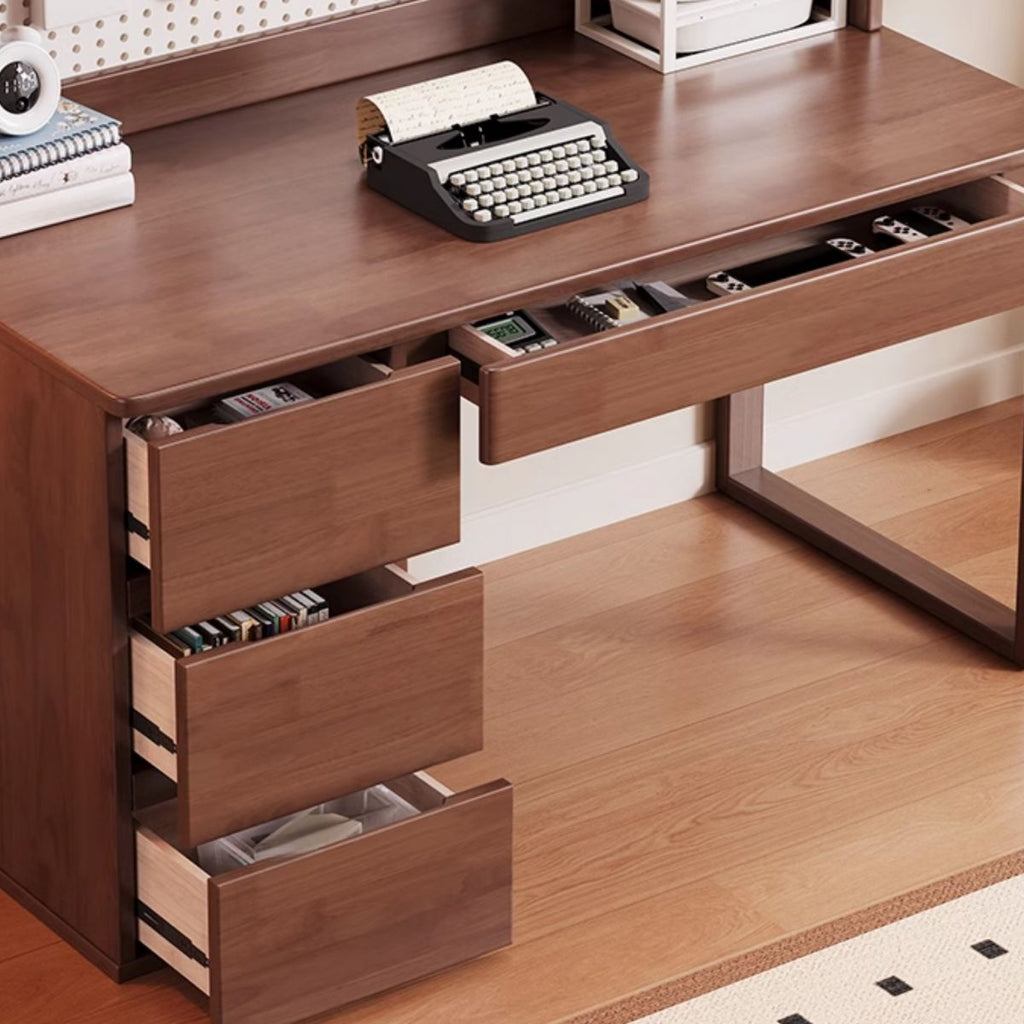 Modern Rectangular Natural Wood Desk in Chalk/Auburn/Unfinished Color with Drawers, Exterior Shelf, and Hutch