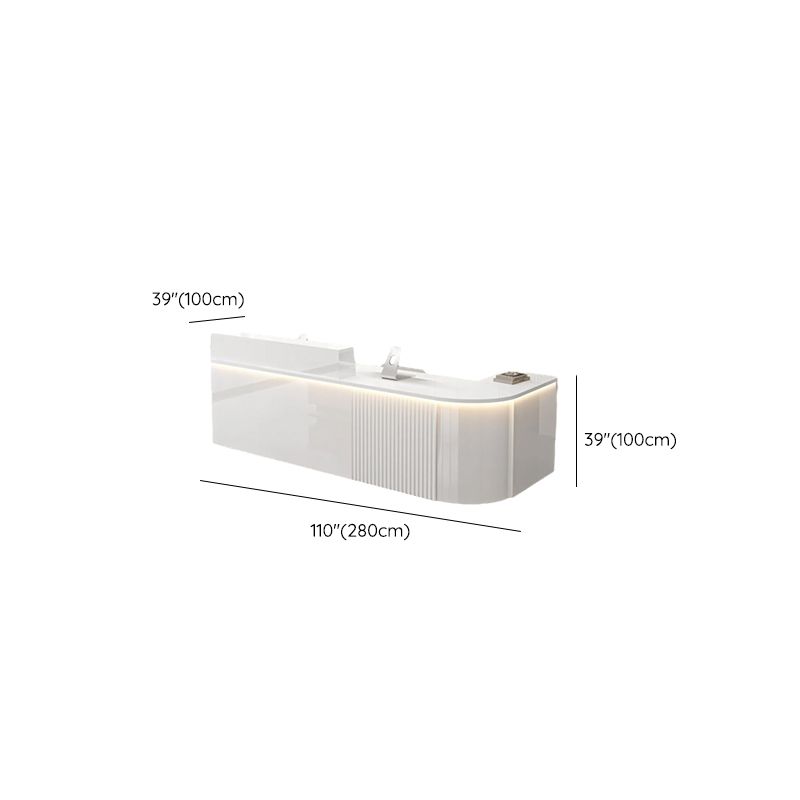 L-Shape Manufactured Wood Top Reception Desk with Hutch, Desk Return, Filing Cabinet & Keyboard Tray