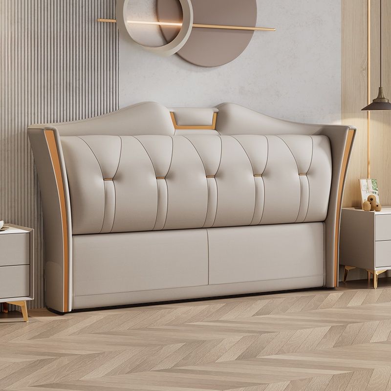 Trendy Wingback Headboard in Natural Wood with No Distressing, Camelback Shape for Queen/Full Bed, Featuring Sponge Upholstery and Standard Height