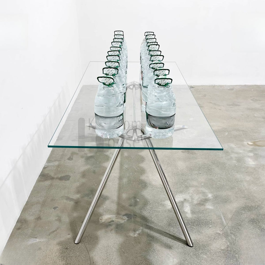 Trendy Clear Gloss Finish Glass Table with Trestle Base for 8-person/6-person/4-person Seating, Scratch-proofed Tempered Glass