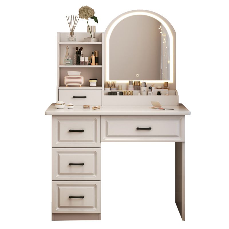 Modern Standard Vanity Set in White with 5 Drawers, Timber Frame, Mirror Lights, and Seat