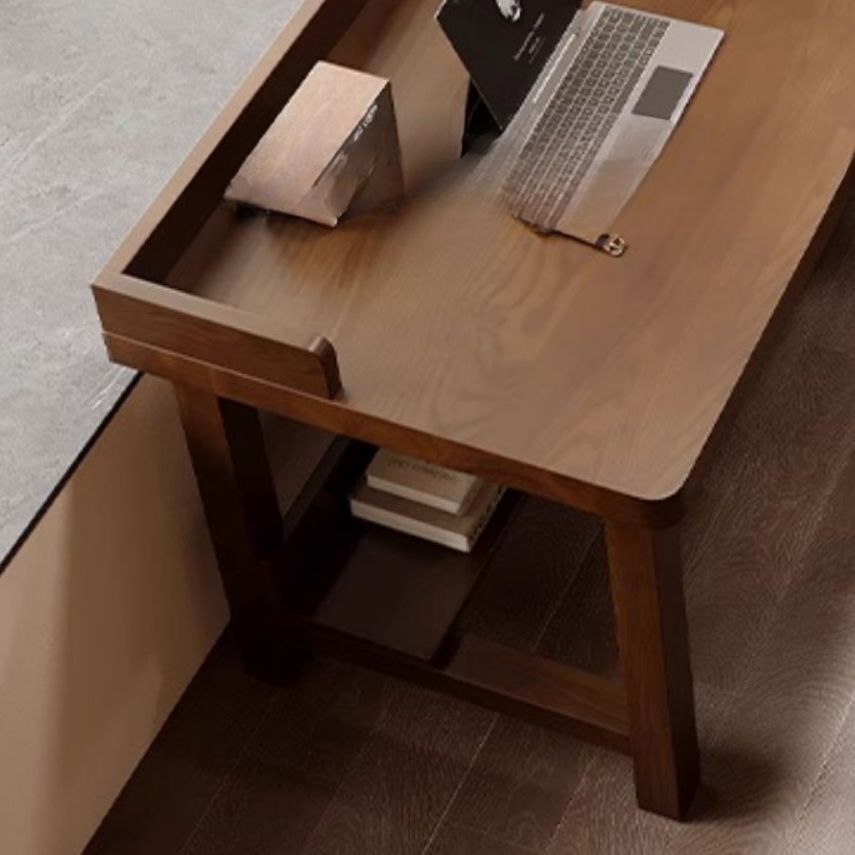 Casual Sepia Writing Desk with Storage and Scratch-proof H-Shape Base Featuring Exterior Shelf and Baffle