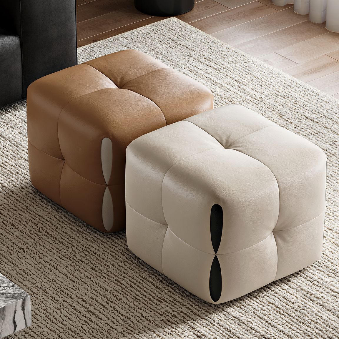 Modish Rectangle/Square Solid Color Standard Ottoman in Genuine Leather with Grey/Chalk/Caramel Upholstery and Button-tufted Finish
