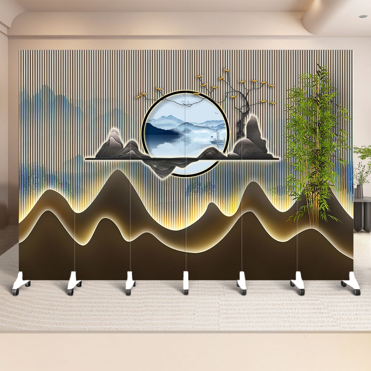Indoor Opaque Collapsible Temporary Wall with Wheels, Natural Wood Frame, 6 Panels, and Double Sided Print