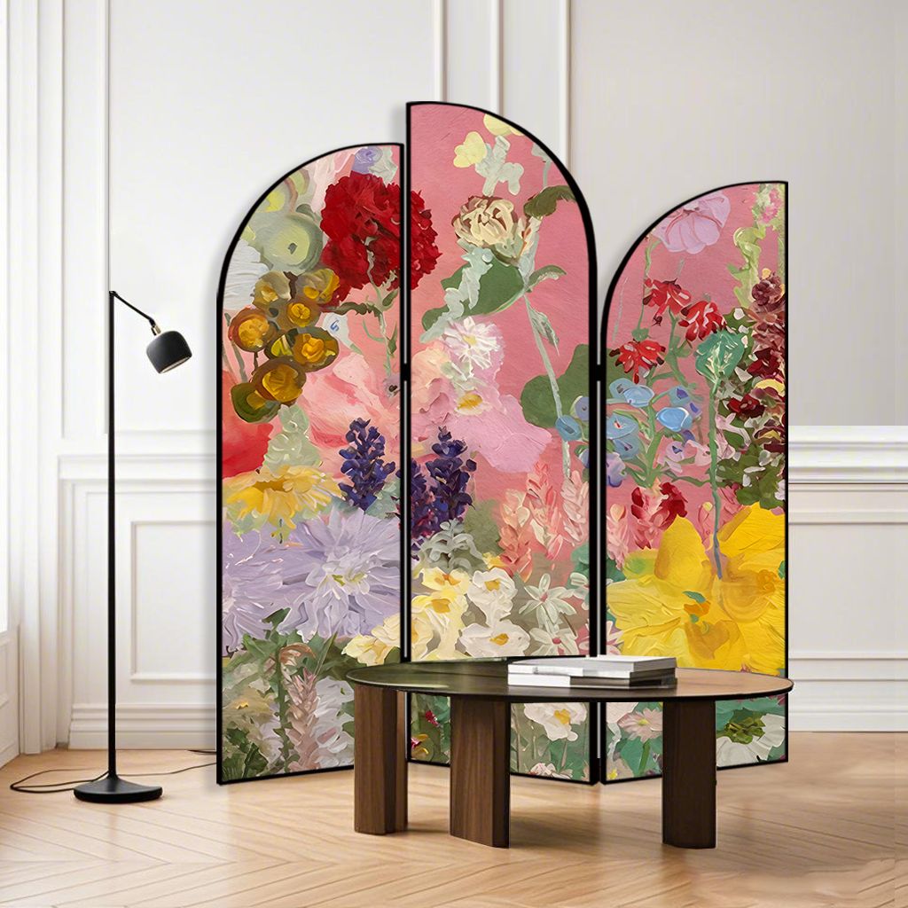 Art Deco Opaque Compact Room Divider with Lumber Frame, 3 Panels, Double Sided Print, Freestanding