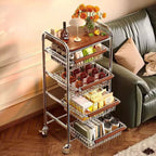 Rectangle Portable Center with Wheels, Exterior Shelving, Wood Countertop, Open Storage, Basket, and Brown Top
