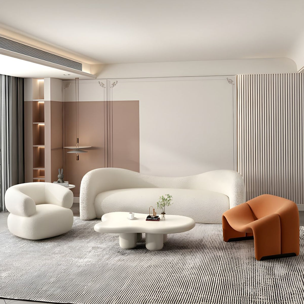 Modern Off-White Curved Sofa in Beige Sherpa Upholstery with Tuxedo Arm