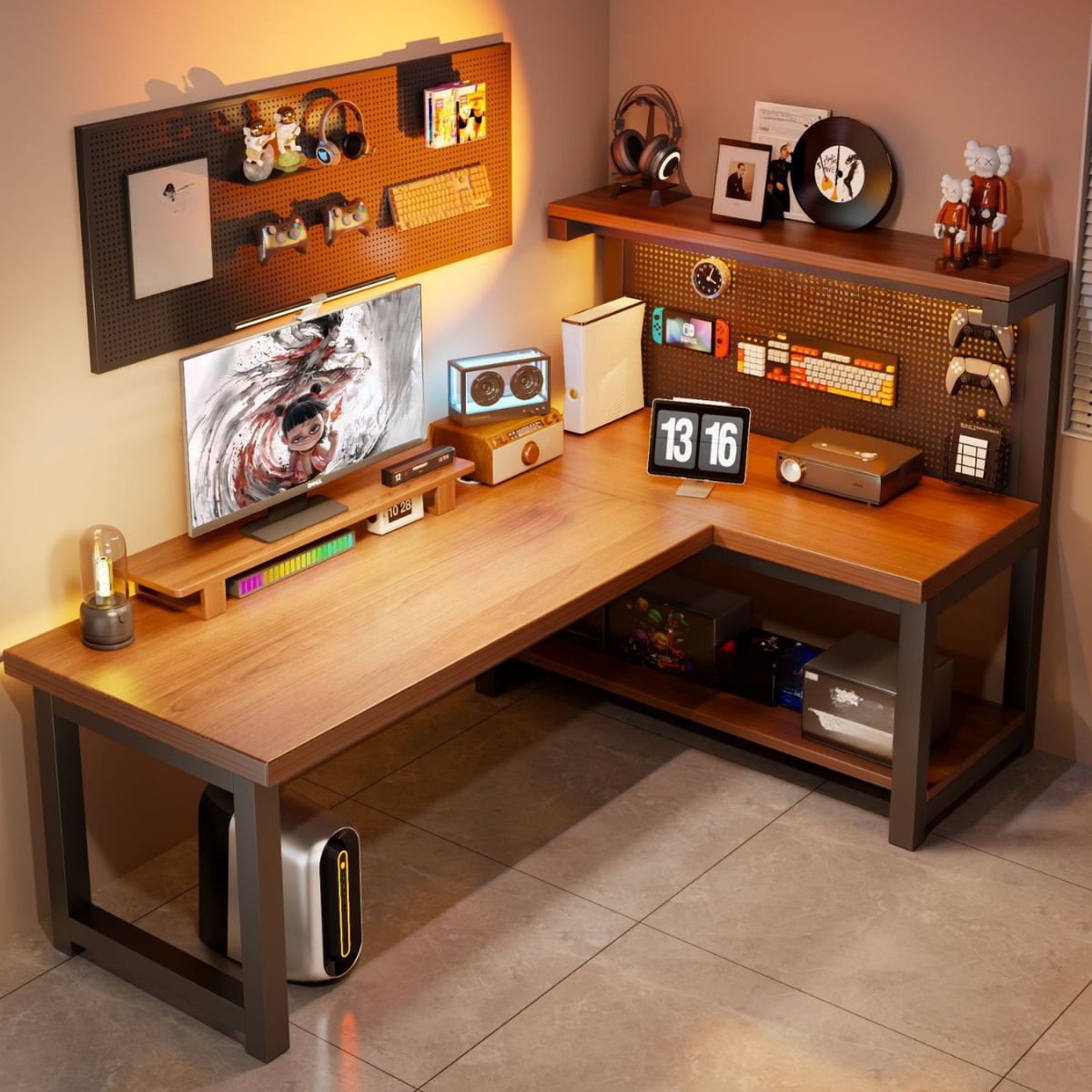 Light Natural Brown Minimalist L-Shape Scratch-repellent Desk with H-Shape Base, Exterior Shelf, Wire Management, and Engineered Wood Top