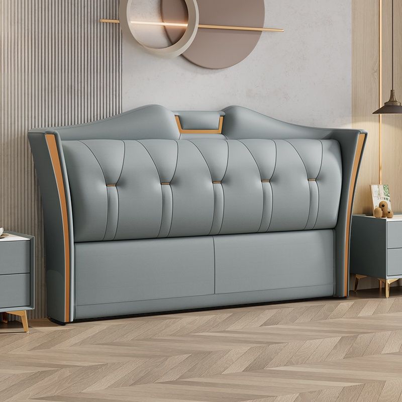 Trendy Wingback Headboard in Natural Wood with No Distressing, Camelback Shape for Queen/Full Bed, Featuring Sponge Upholstery and Standard Height