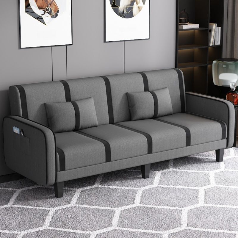 Striped Convertible Sofa in Pu Leather/Flannel with Cerulean/Light Brown/Off-White Upholstery and Armrest