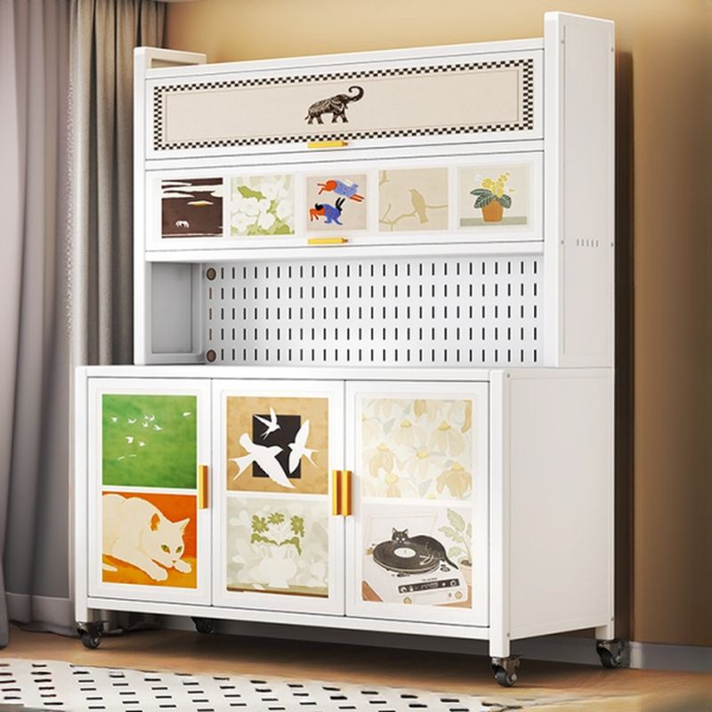 Minimalist Narrow Sideboard with Swivel Wheels, Steel Countertop, Adjustable Shelving, and 4 Doors/3 Doors