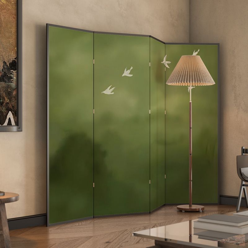 Sage Opaque Fold-up Screen Divider with Walnut Wood Frame, 4 Panels, Double Sided Print, and Independent Design