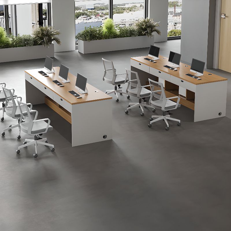 Chalk/Cocoa/Wood Color Timber Desk with Scratch Resistant Surface, Drawers, CPU Storage, Cable Management, and Front Splash