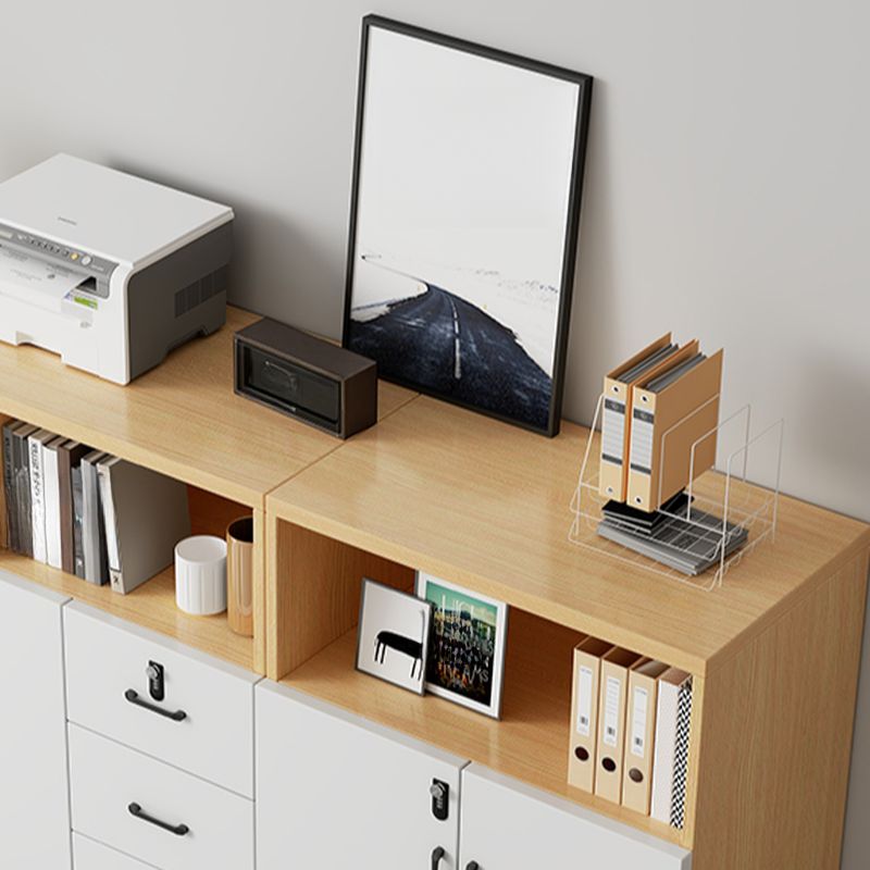 Natural Finish Manufactured Wood Supplies Cabinet with Shelves, Drawers, Locker, Locking Door, and 5-Wide/4-Wide/3-Wide Compartments