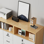 Natural Finish Manufactured Wood Supplies Cabinet with Shelves, Drawers, Locker, Locking Door, and 5-Wide/4-Wide/3-Wide Compartments