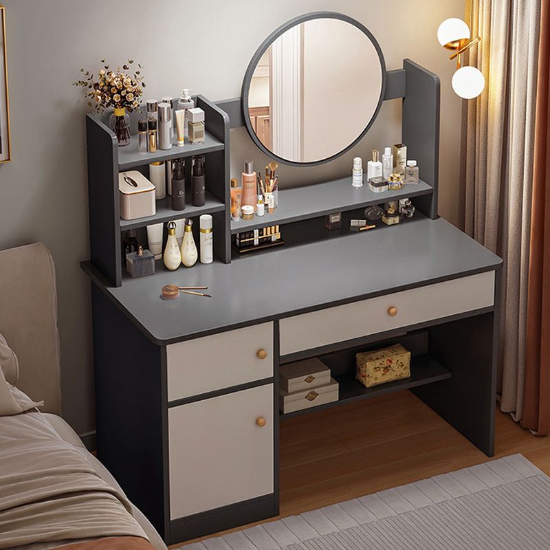 Standard Vanity Set with Grey/White Seating, 1 Drawer, Composite Wood Frame, Standing Mirror, Seat, and Door