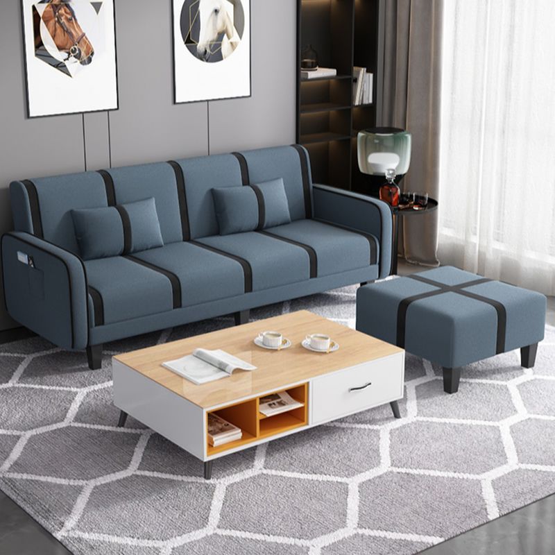 Striped Convertible Sofa in Pu Leather/Flannel with Cerulean/Light Brown/Off-White Upholstery and Armrest