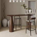 Coffee Wood/Natural Asymmetrical High Top Table in Natural Pine Wood with Three Legs and Upholstered Chair