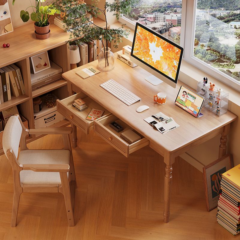 Modern Rectangular Natural Wood Writing Table in Gray/Chalk/Unfinished Color with Drawers