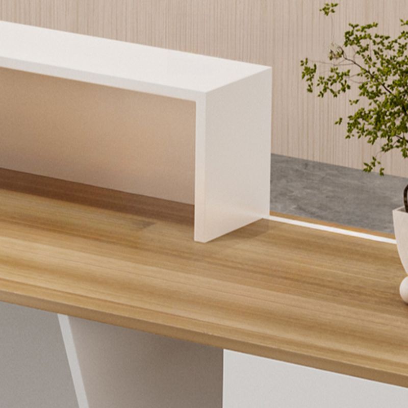 Rectangular Beige/Orange/Pink Manufactured Wood Top Reception Desk with Hutch, Keyboard Tray and Cable Management