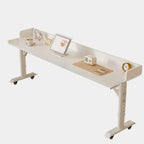 Adjustable Height Moisture Resistant T-Shape Desk with Manual Height Adjustment in Chalk, Self-Supporting with Wheels and Lockable Brakes