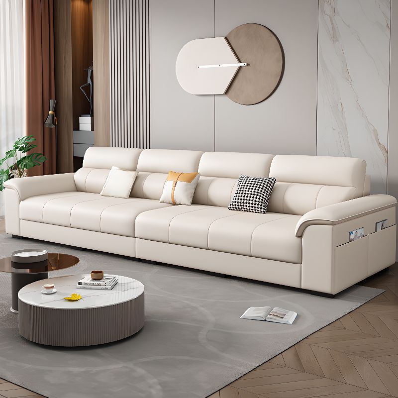Contemporary Modern Solid Color Water Resistant Standard Sofa in White, 4-Seater with Receptacle Storage and 3 Pillows